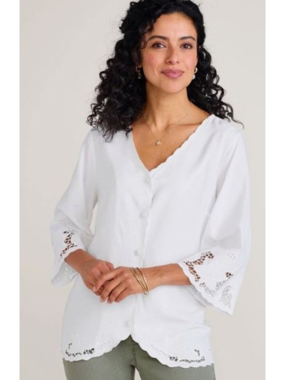 Soft Surroundings White Eyelet Lace Scalloped Button Front Blouse XS